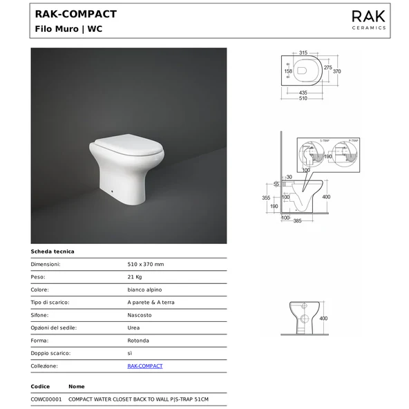 VASO FILO MURO RAK CERAMICS SERIE COMPACT - immagine 3